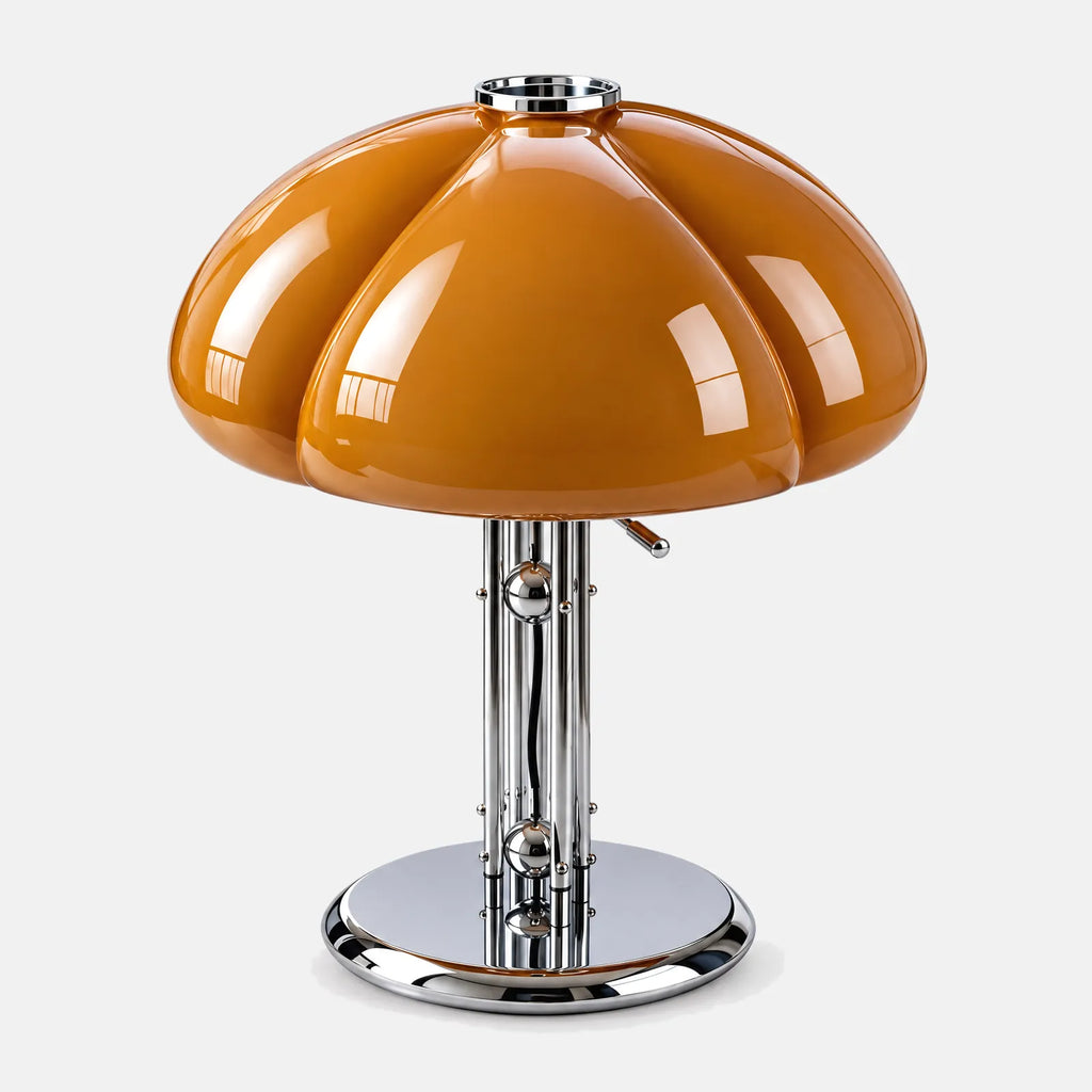Lampe champignon de bureau Cara, globe en verre orange côtelé et pied chromé, sur fond uni