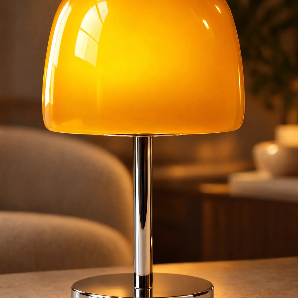 Détail du globe en verre ambré allumé de la lampe Qali