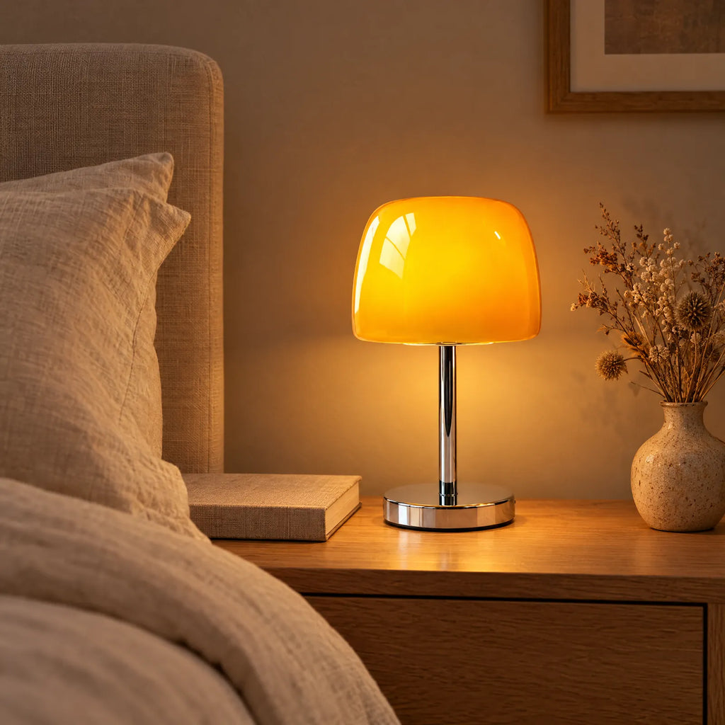 Lampe Qali jaune allumée sur une table de chevet
