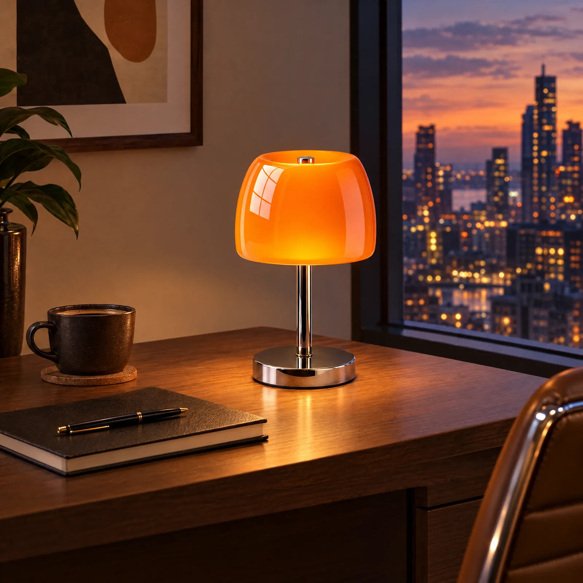 Lampe Qali orange allumée sur un bureau en noyer Image