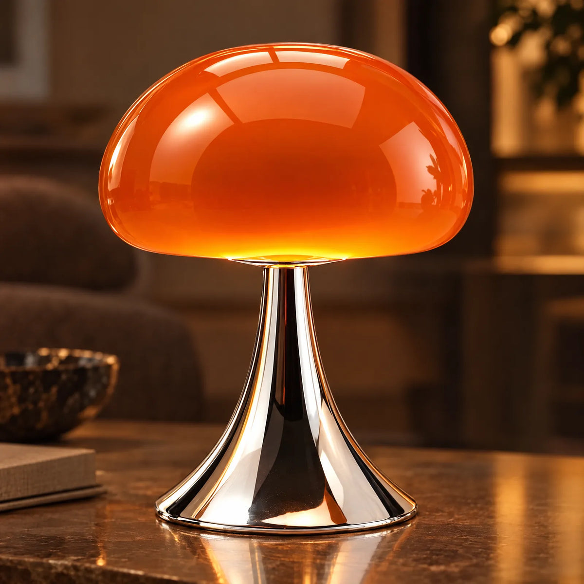 Détail du globe en verre orange allumé et du pied chromé de la lampe Satur