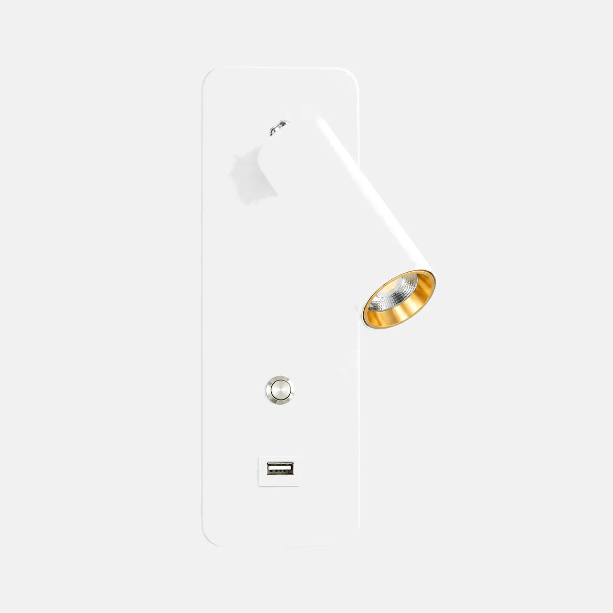 Lampe de chevet murale Alex blanche avec spot orientable et prise USB, sur fond uni