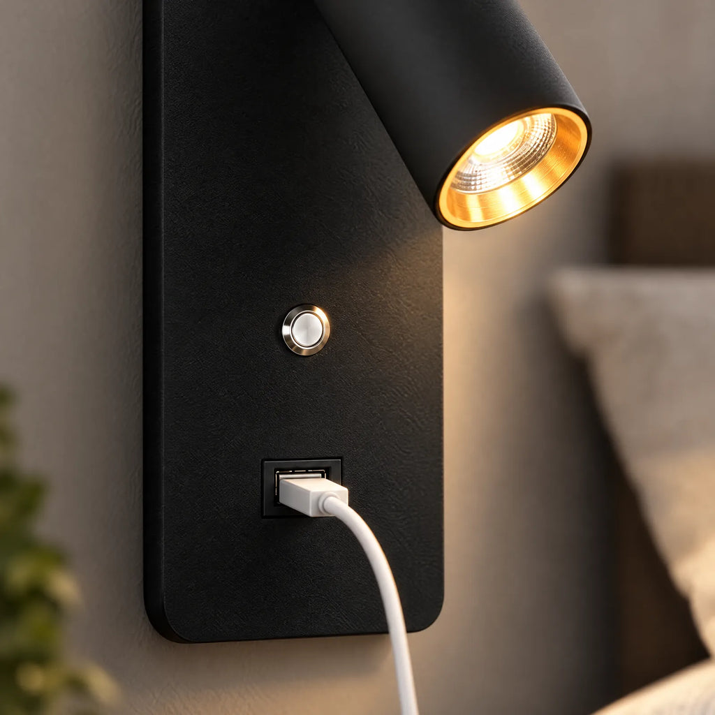 Détail de l'interrupteur et du port USB de la lampe de chevet Alex