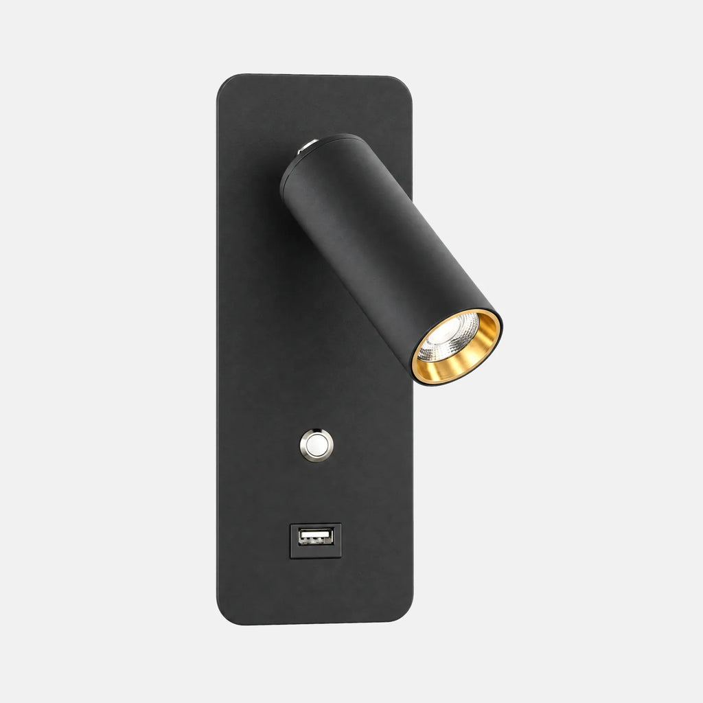 Lampe de chevet murale Alex noire avec spot orientable et prise USB, sur fond uni