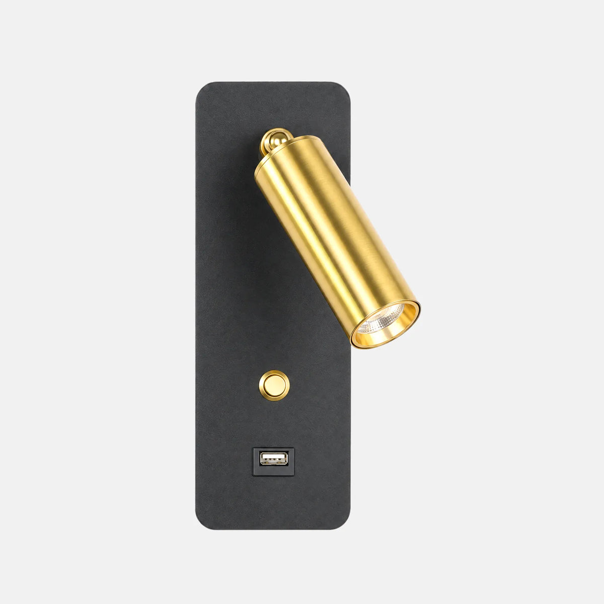 Lampe de chevet murale Alex, platine noire et spot doré, avec prise USB, sur fond uni