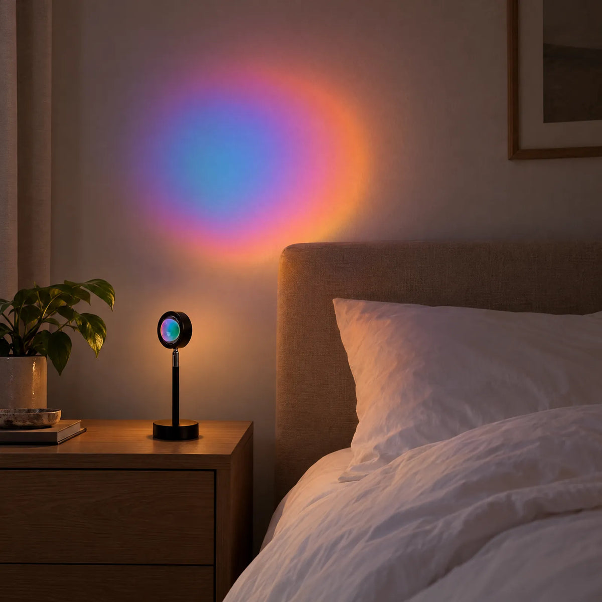 Lampe Sun projetant un halo arc-en-ciel au-dessus d'un lit Image