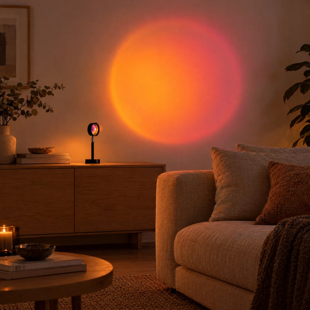 Lampe Sun projetant un halo coucher de soleil orangé sur le mur d'un salon
