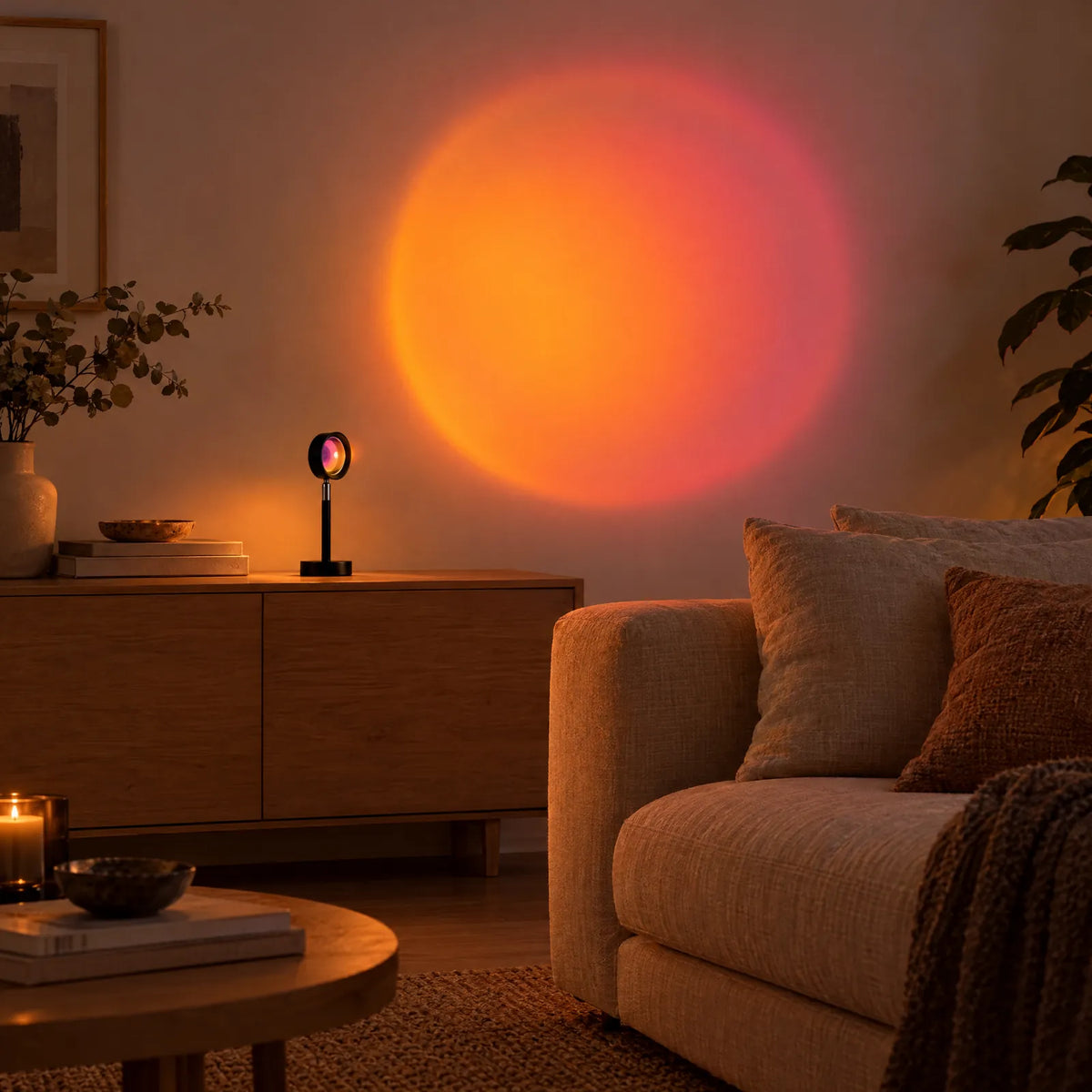 Lampe Sun projetant un halo coucher de soleil orangé sur le mur d'un salon
