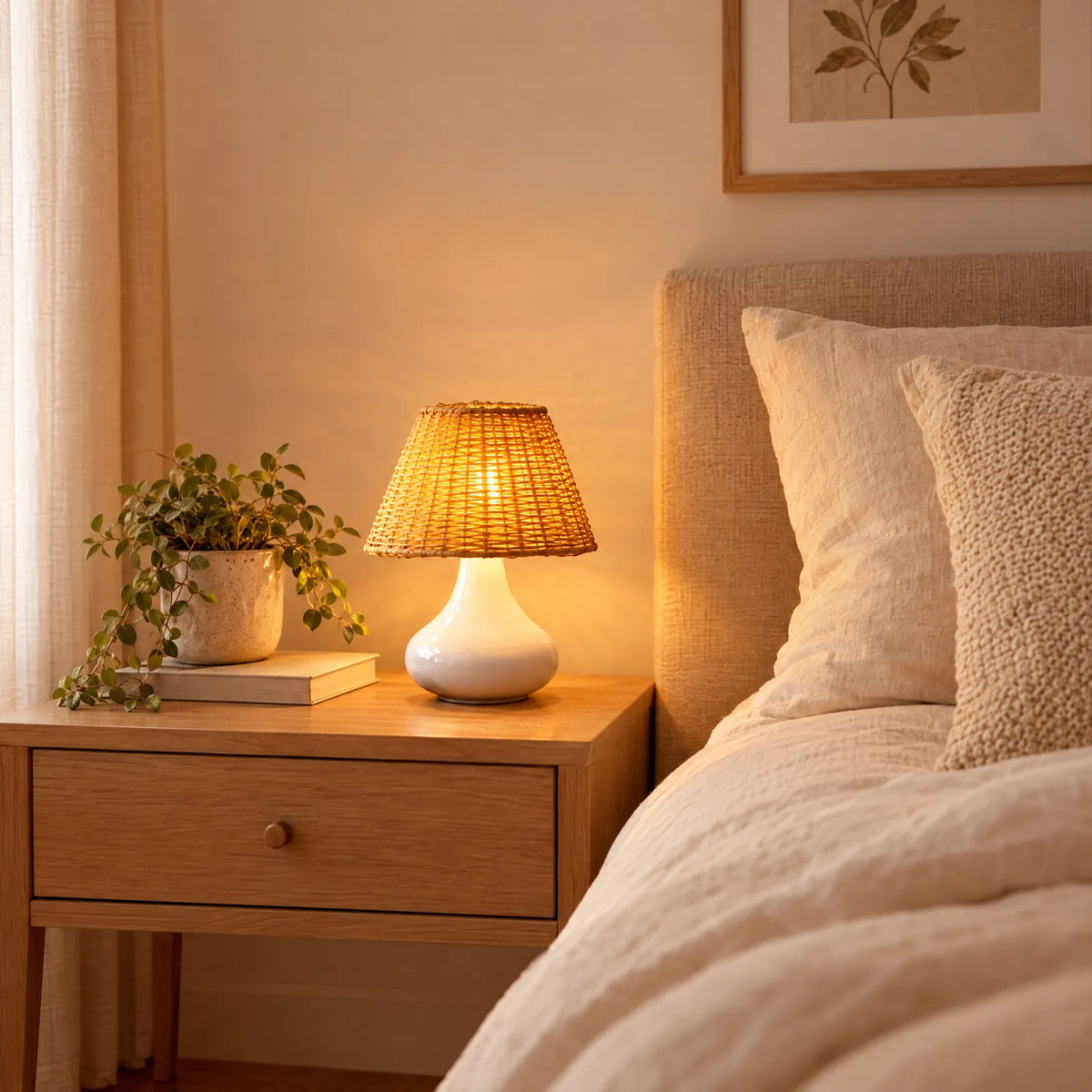 Lampe Kara blanche allumée sur une table de chevet Image