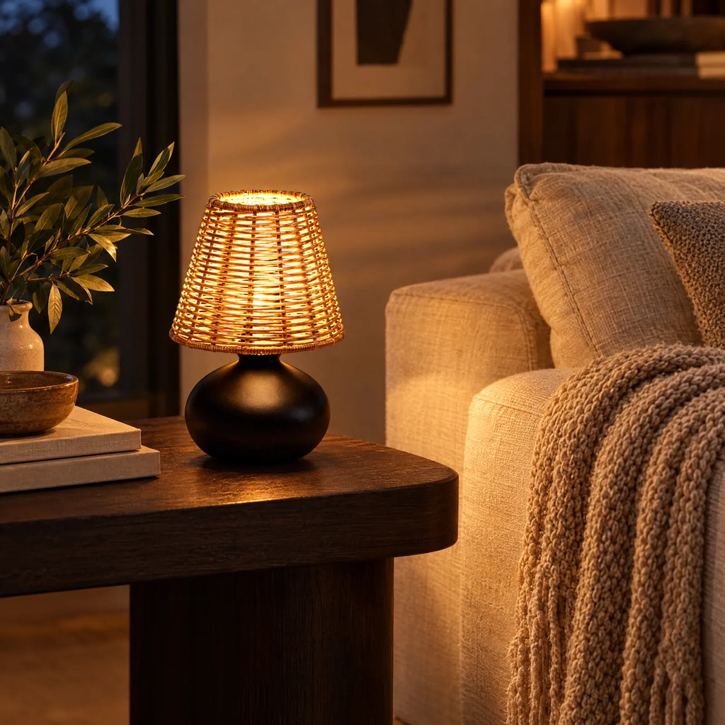 Lampe Kara noire allumée sur une table d'appoint dans un salon