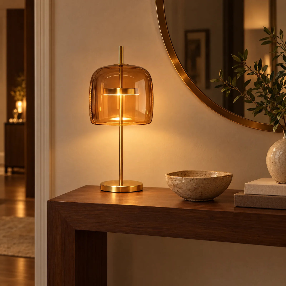 Lampe Lumio en verre ambré allumée sur une console d'entrée Image