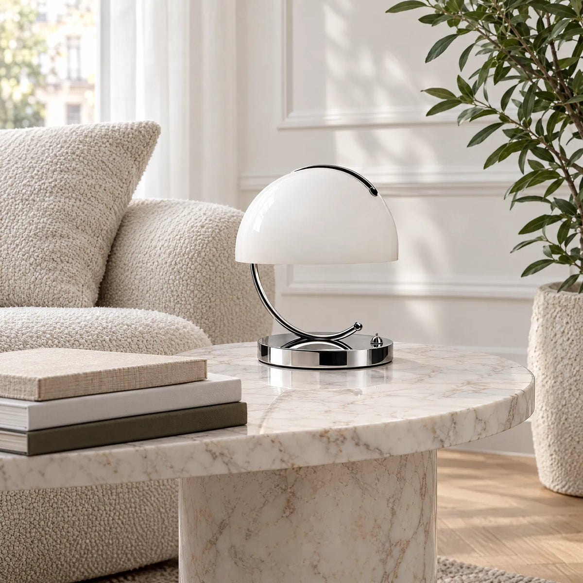 Lampe Nala blanche sur une table d'appoint en marbre dans un salon lumineux