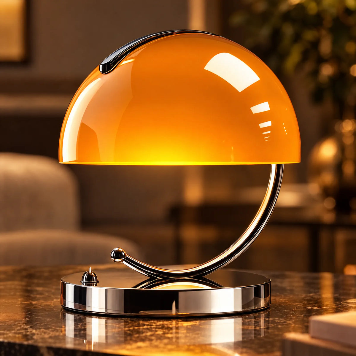 Détail du dôme en verre orange allumé de la lampe Nala