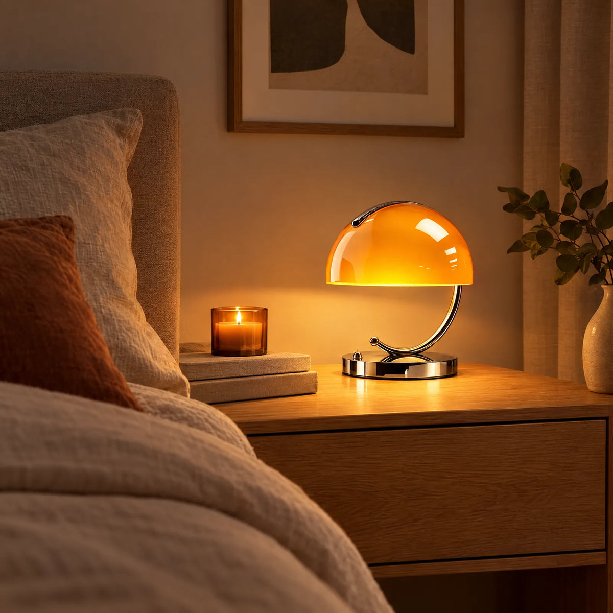 Lampe Nala orange allumée sur une table de chevet