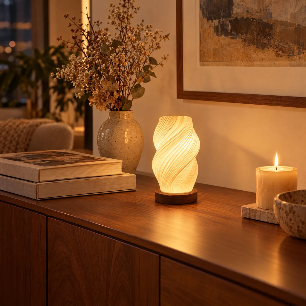Lampe torsadée Yva allumée sur un buffet en noyer