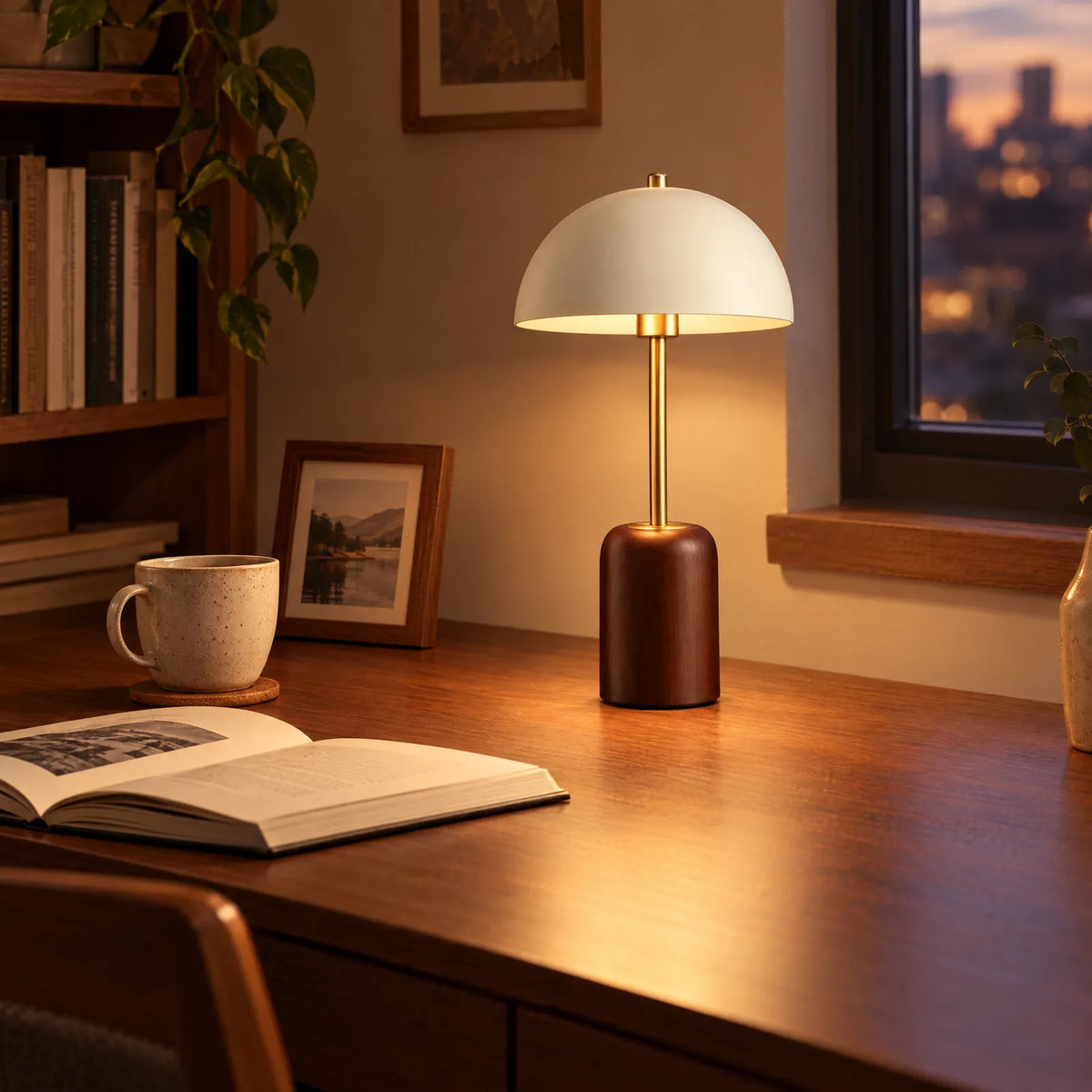 Lampe Rebust allumée sur un bureau en noyer