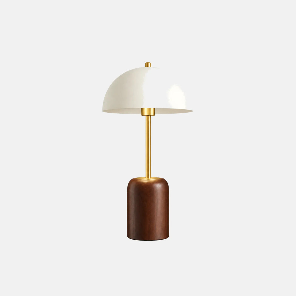 Lampe de table Rebust, abat-jour champignon crème et pied en noyer, sur fond uni