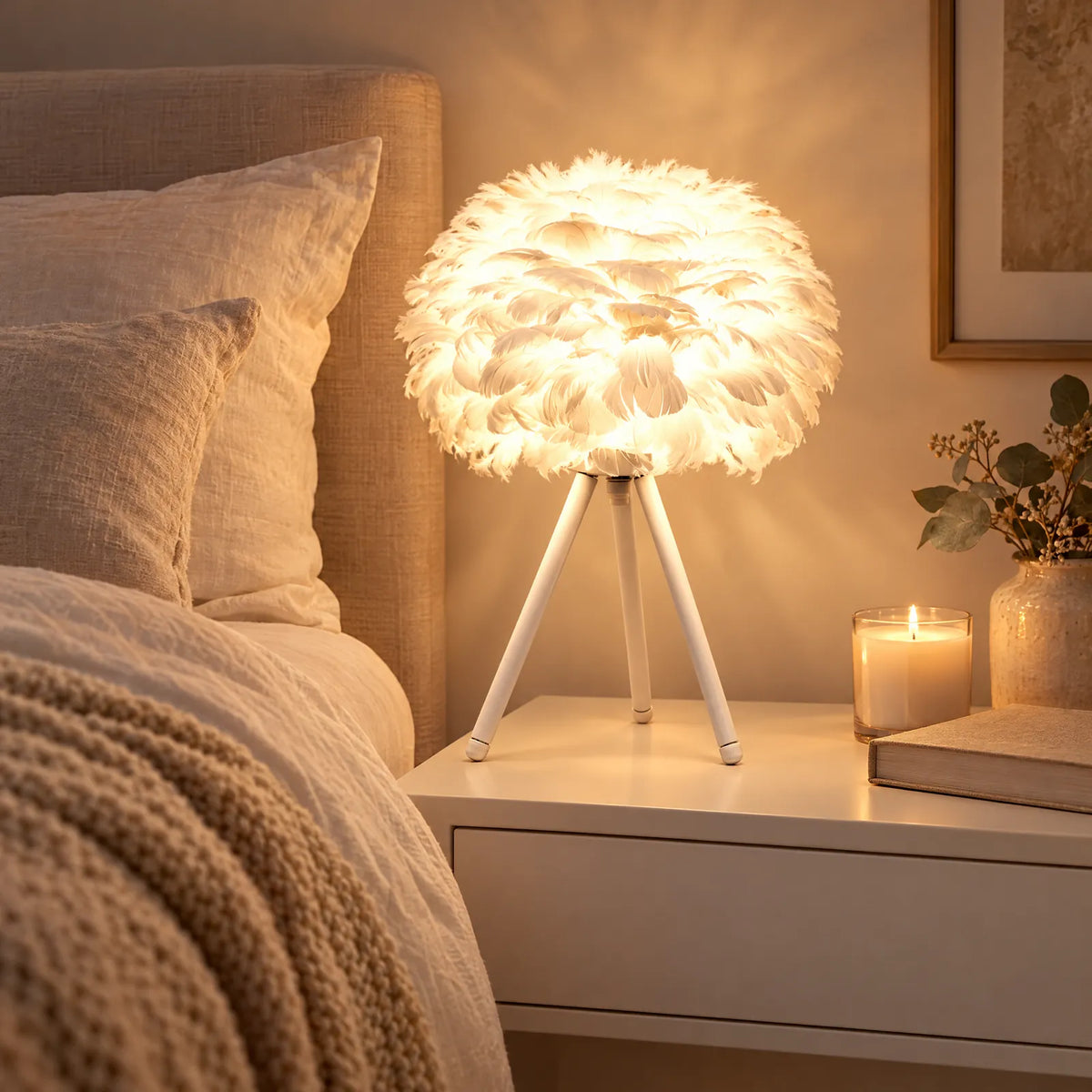 Lampe plume Plumo blanche allumée sur une table de chevet