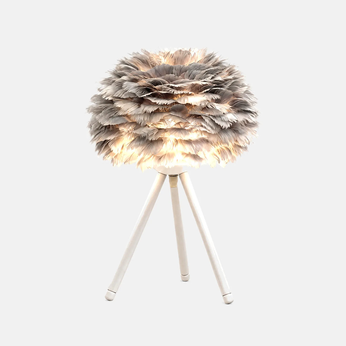 Lampe de table plume Plumo grise sur trépied blanc, sur fond uni