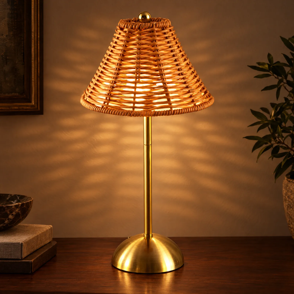 Lampe de table en rotin Viva allumée, lumière tamisée