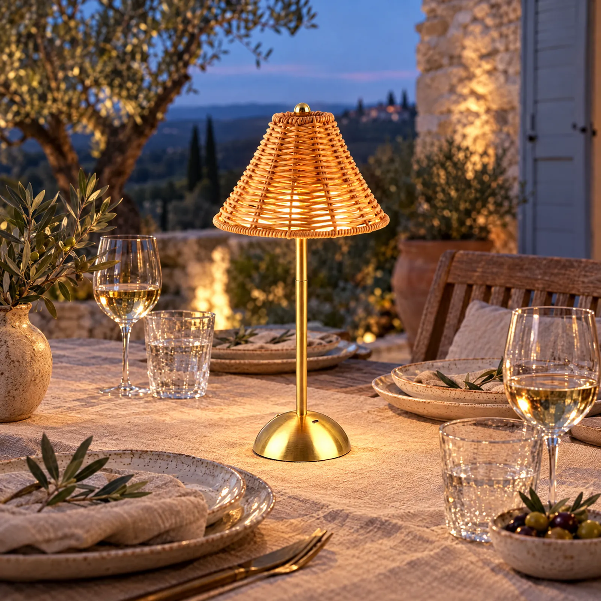 Lampe de table en rotin Viva sans fil sur une table de terrasse