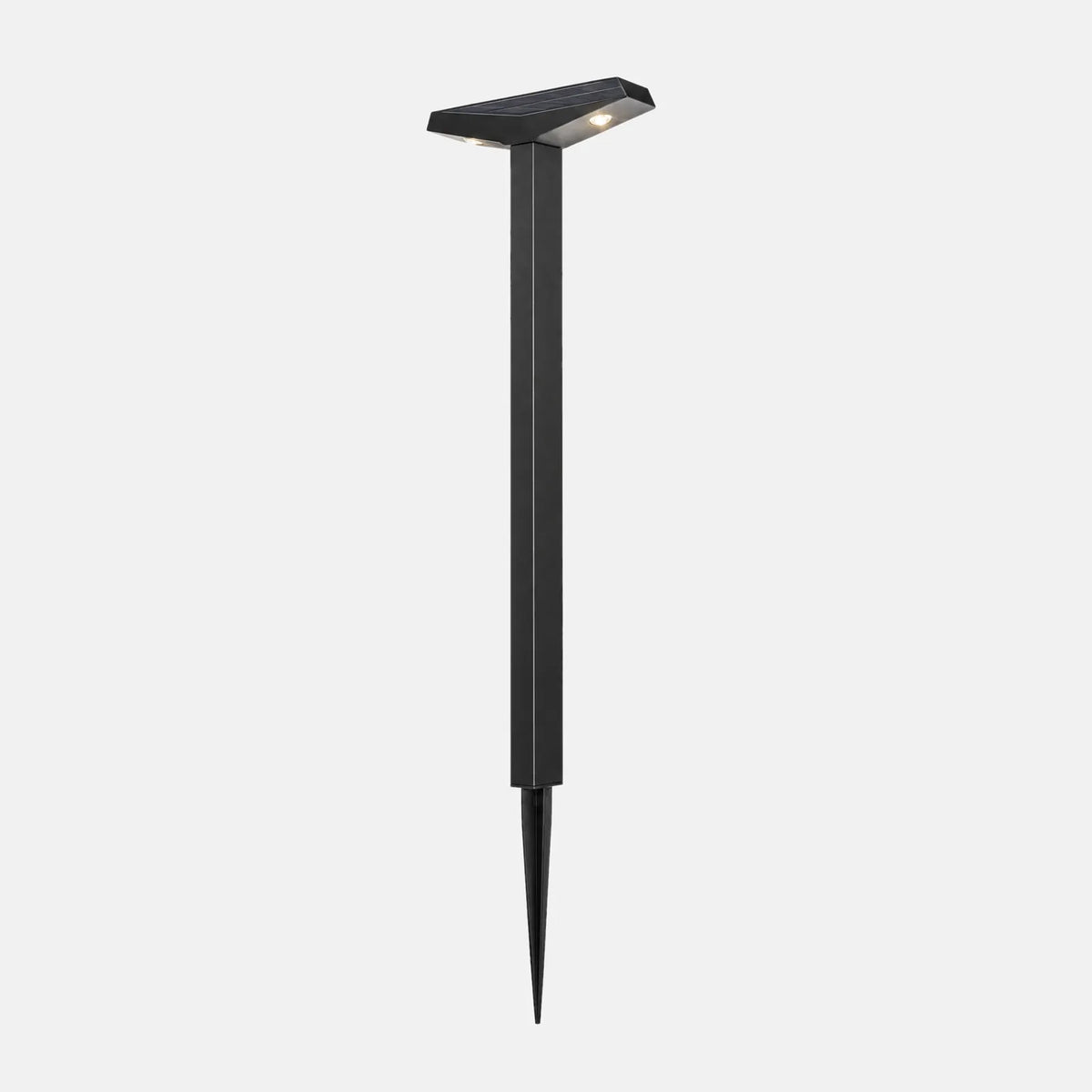 Borne solaire Lumo noire sur piquet, tête plate avec panneau solaire, sur fond uni