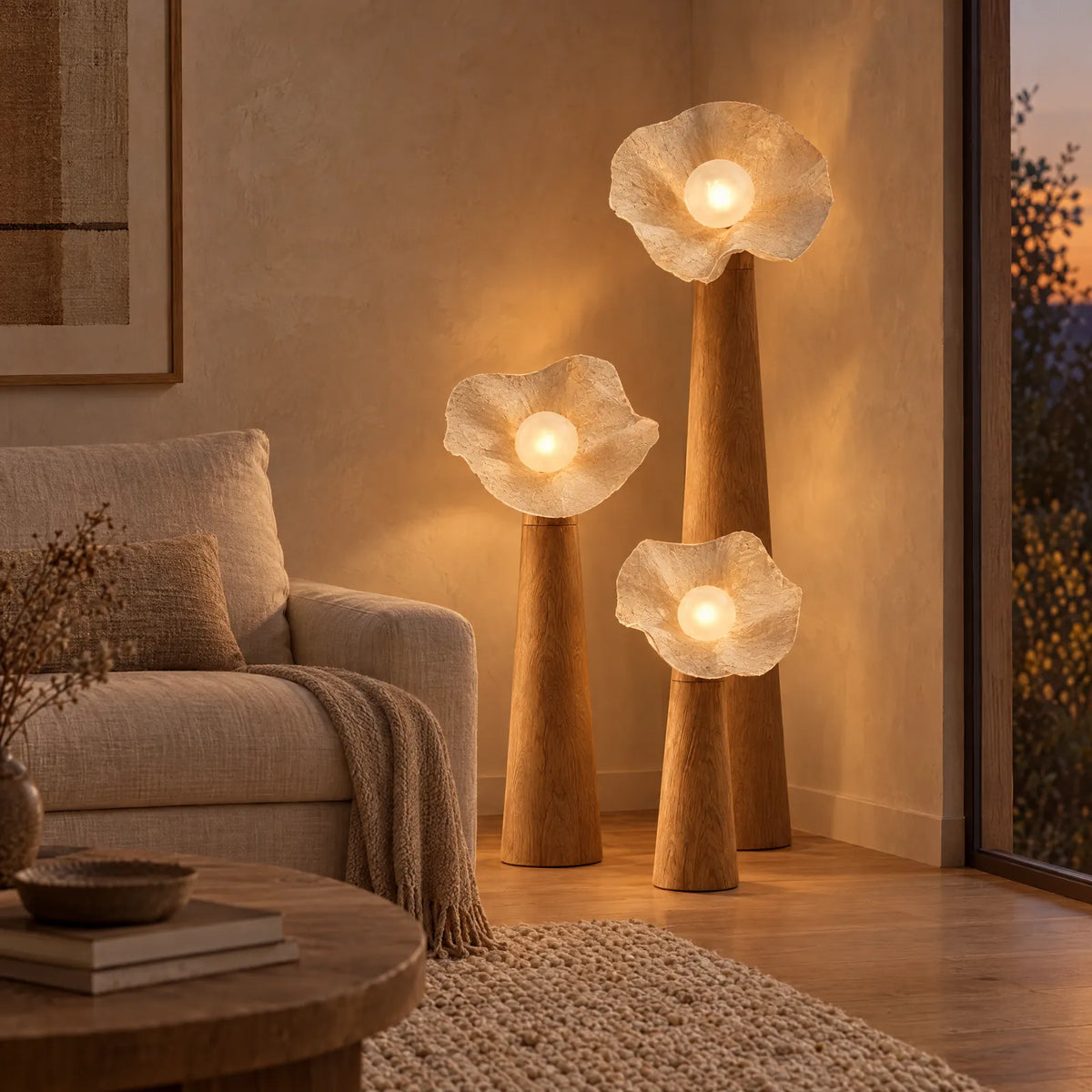 Trois lampes Satura de 60, 90 et 140 cm allumées dans un salon