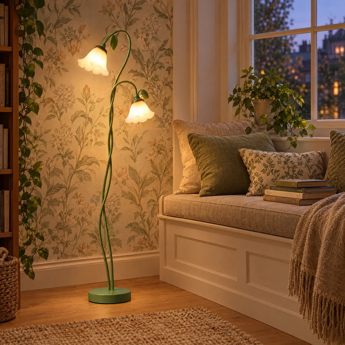 Lampadaire floral Lila allumé dans un coin lecture Image