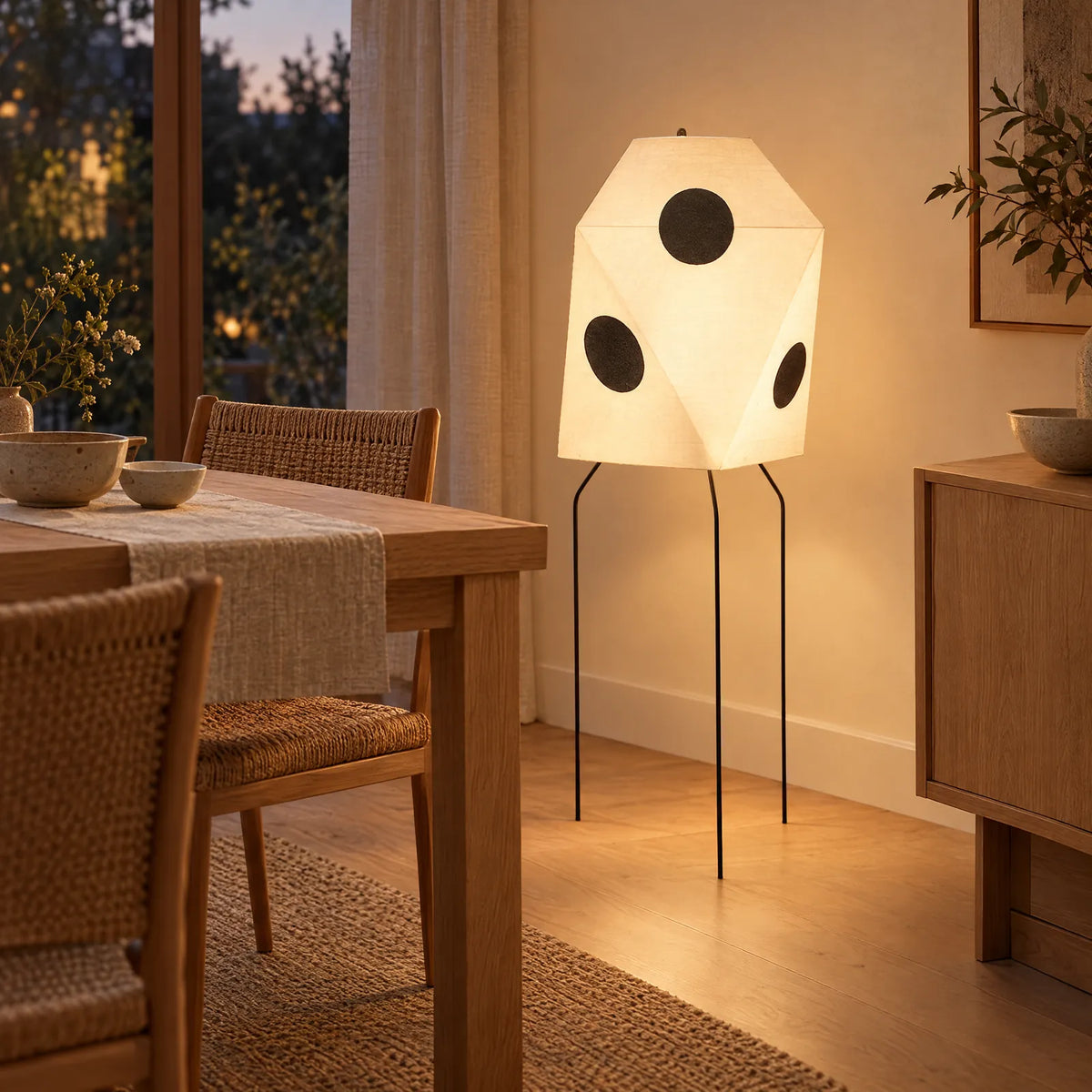 Lampe japonaise Jiro allumée à côté d'une table à manger en chêne Image