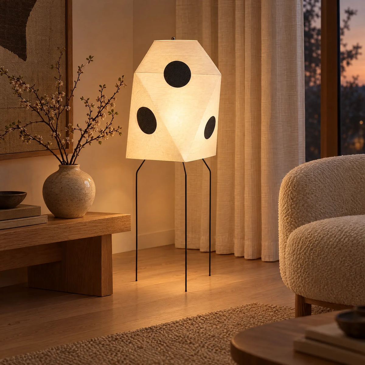 Lampe japonaise Jiro allumée dans un salon japandi