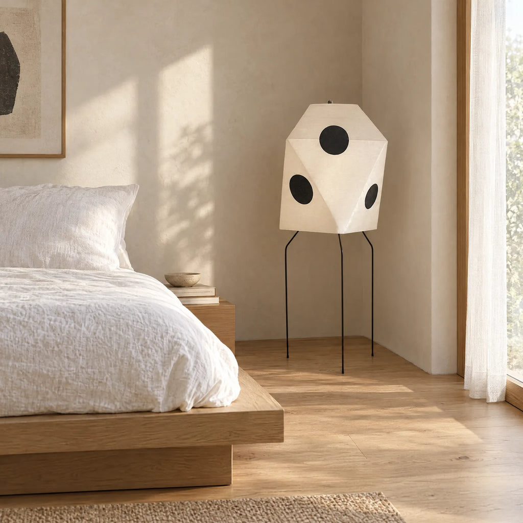 Lampe japonaise Jiro dans une chambre minimaliste