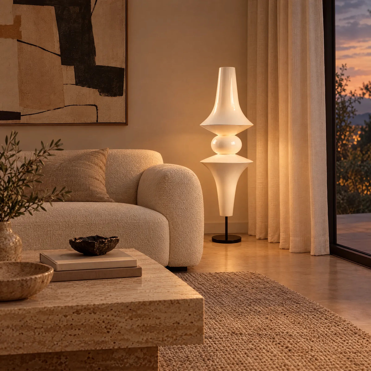 Lampe sur pied Hyto allumée à côté d'un canapé crème Image