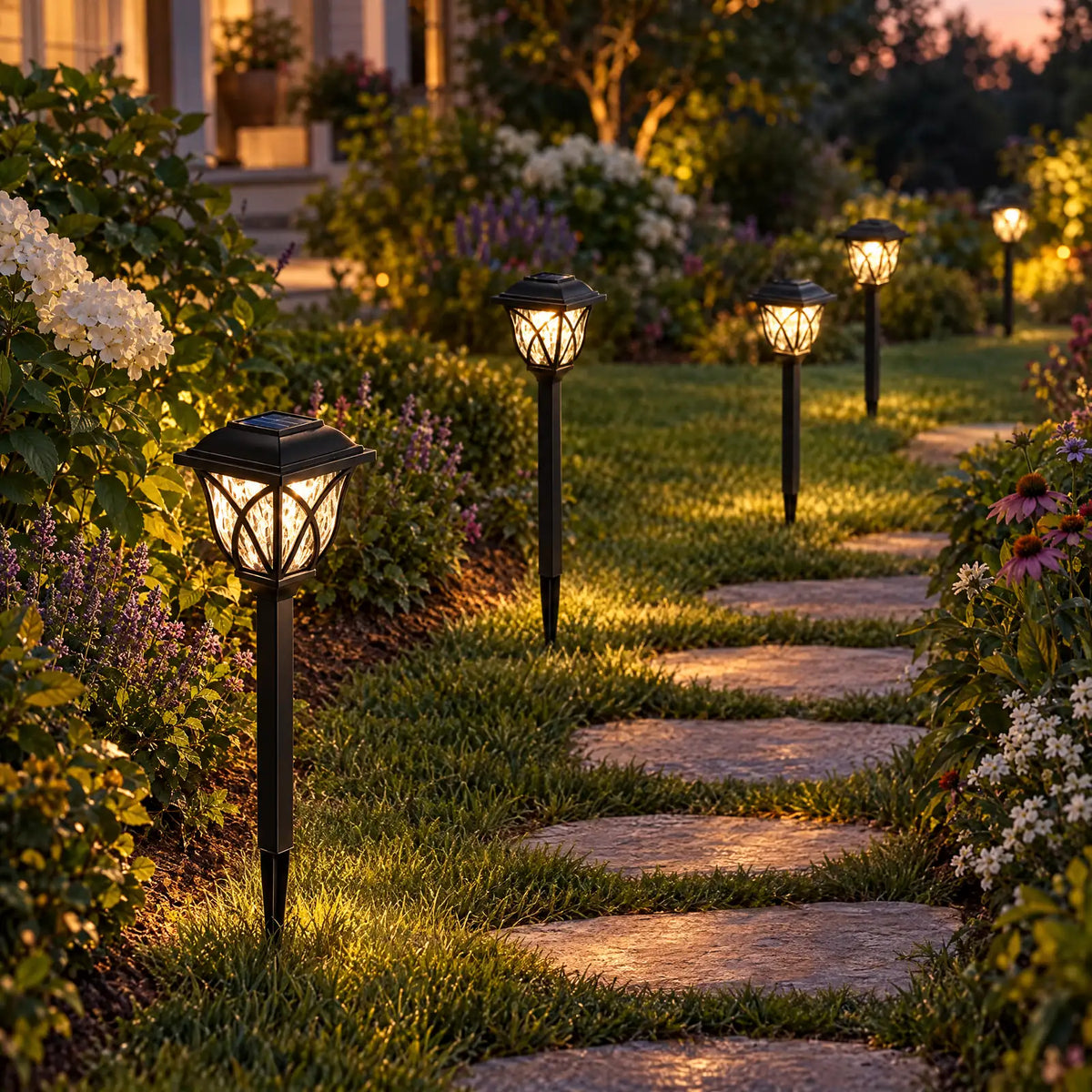 Lampes solaires Dolia allumées le long d'une allée en pas japonais
