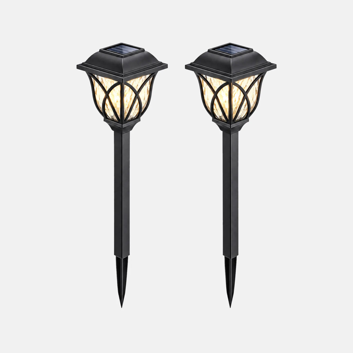 Lot de 2 lampes de jardin solaires Dolia, lanternes noires sur piquet, sur fond uni