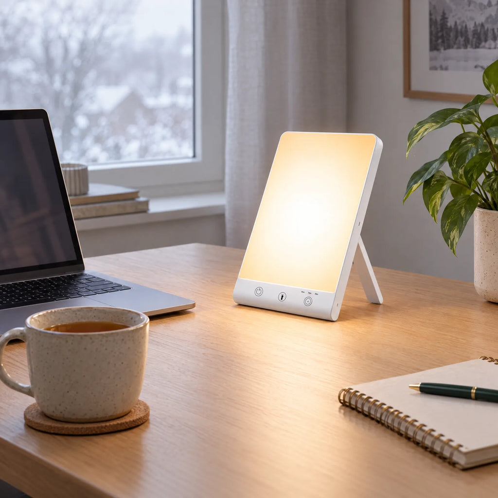 Lampe de luminothérapie Lumo allumée sur un bureau un matin d'hiver