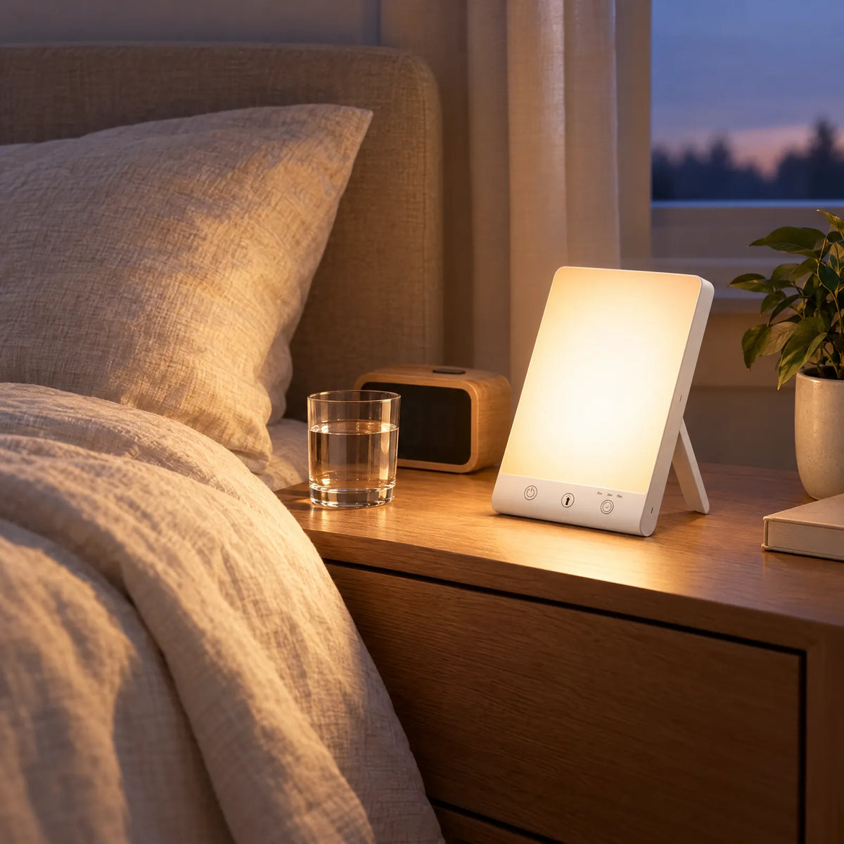 Lampe de luminothérapie Lumo allumée sur une table de chevet au réveil