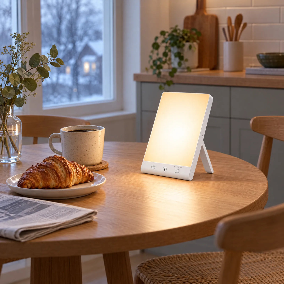 Lampe de luminothérapie Lumo sur une table de petit-déjeuner Image
