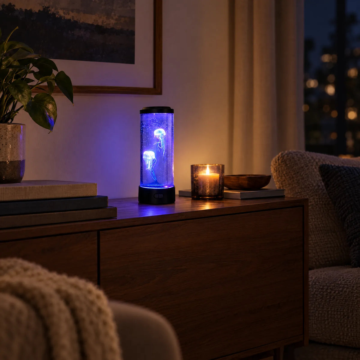 Lampe méduse Sila allumée en bleu sur un buffet dans un salon