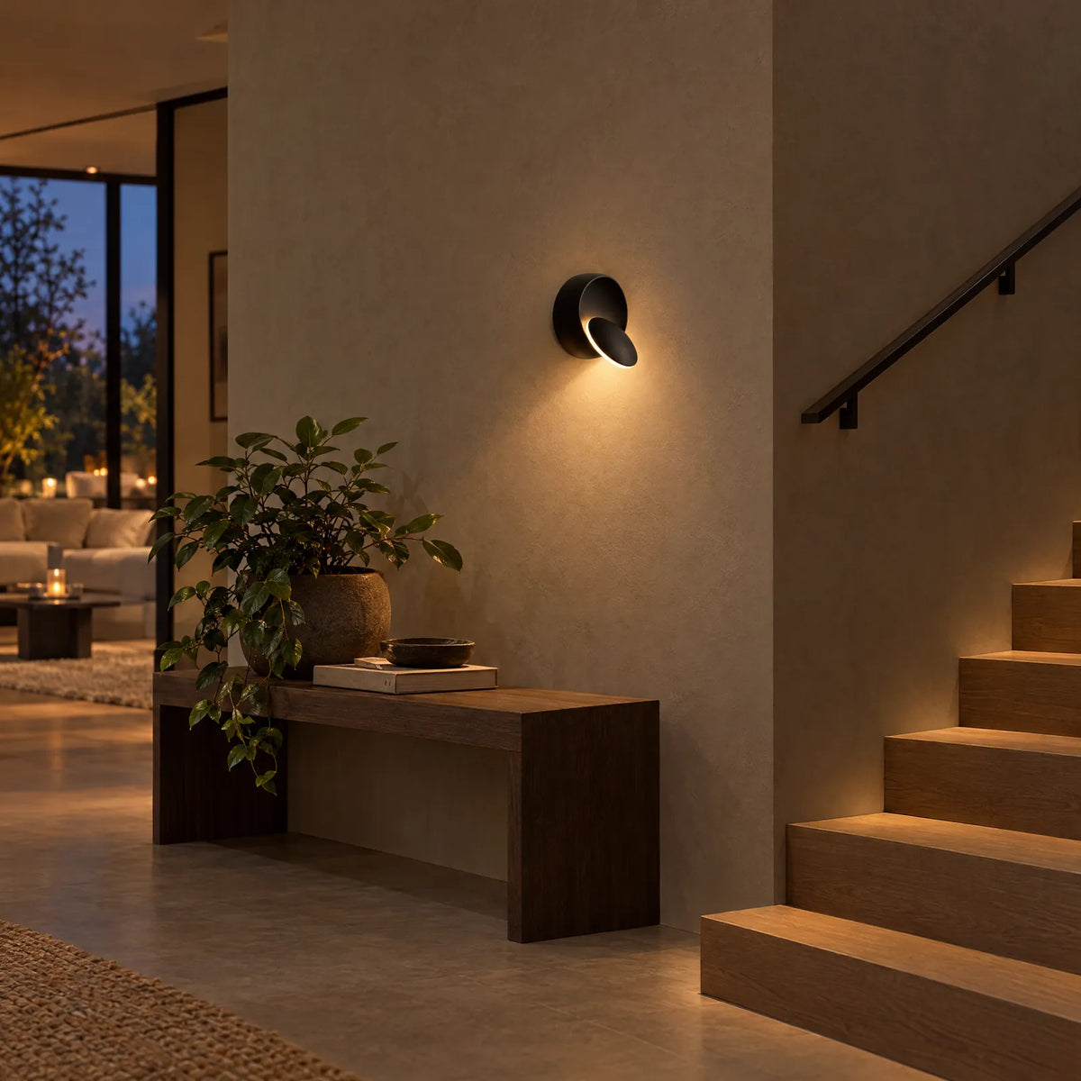 Applique rotative Satir noire allumée près d'un escalier