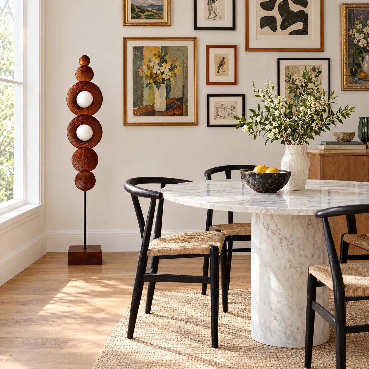 Lampe sur pied Rota à côté d'une table à manger en marbre