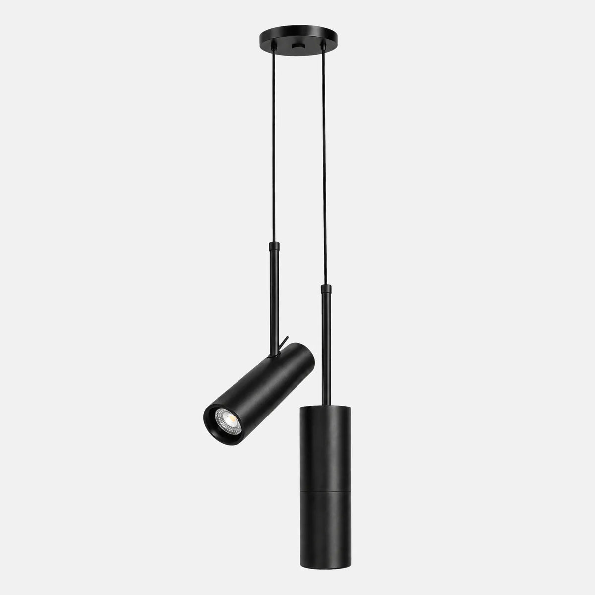 Suspension LED Glory noire, cylindre et spot orientable, sur fond uni
