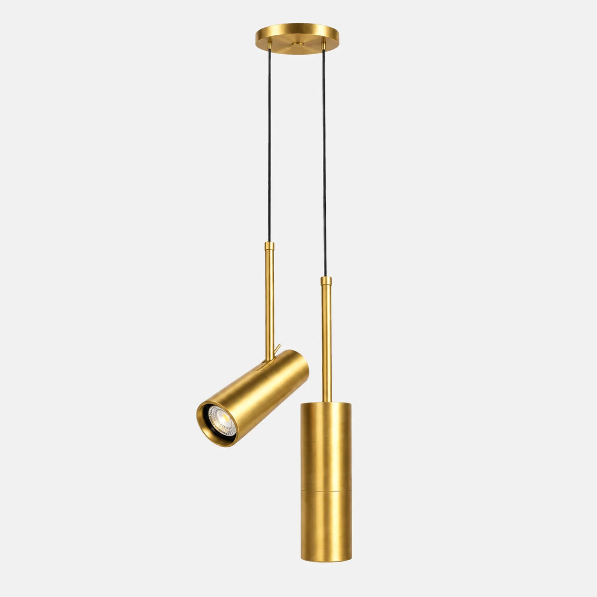Suspension LED Glory dorée, cylindre et spot orientable, sur fond uni