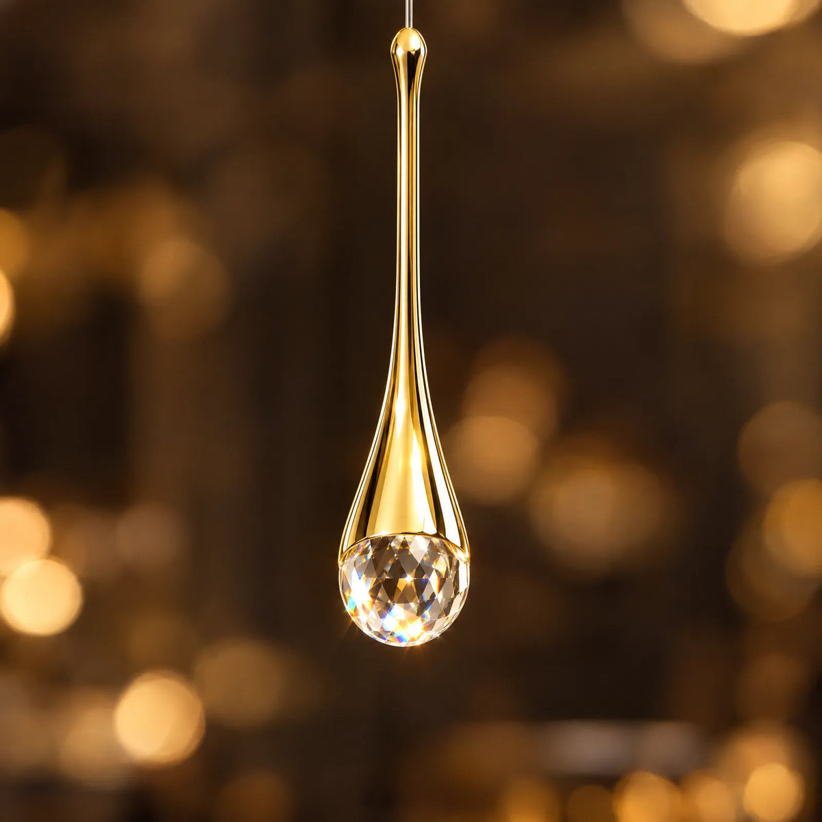 Détail du cristal taillé et de la goutte dorée de la suspension Lexa