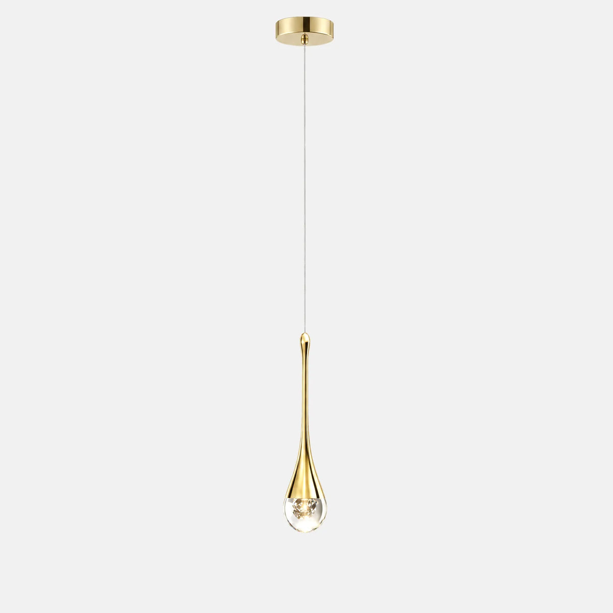 Lampe suspendue cristal Lexa, goutte dorée et cristal taillé, version simple sur fond uni