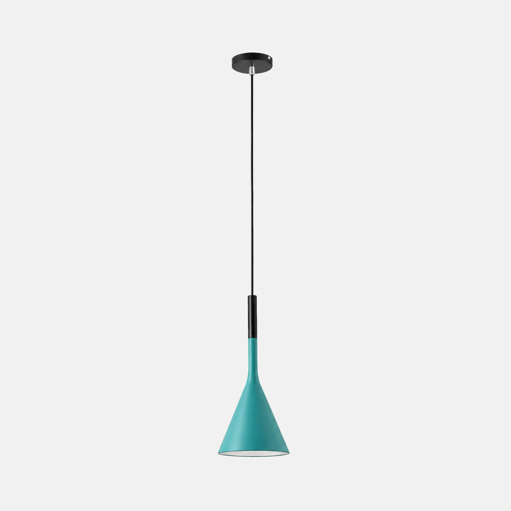 Lampe suspendue moderne Actis bleu canard, abat-jour conique en métal, sur fond uni