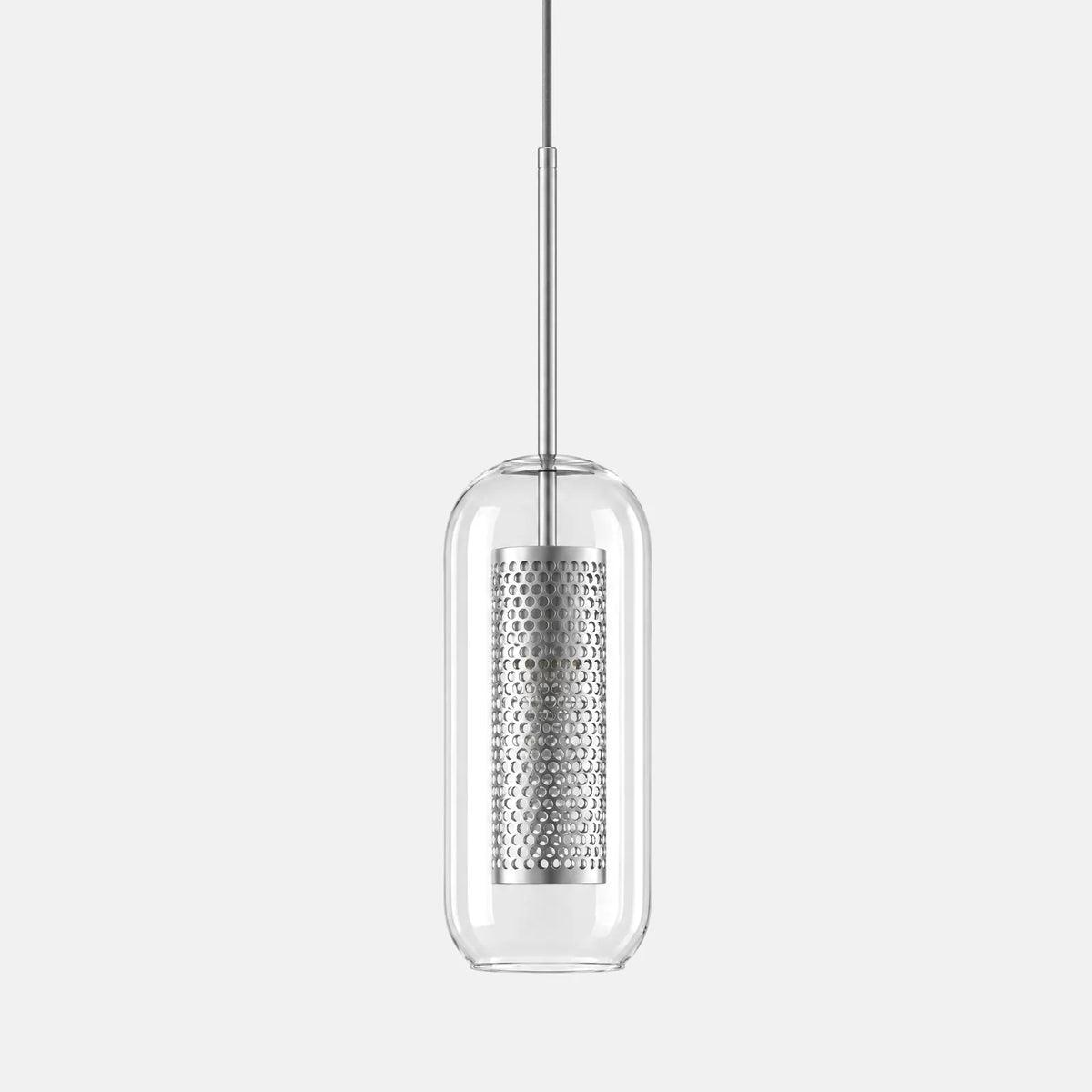 Lampe suspension en verre Doria grise, capsule en verre et cylindre perforé argenté, sur fond uni