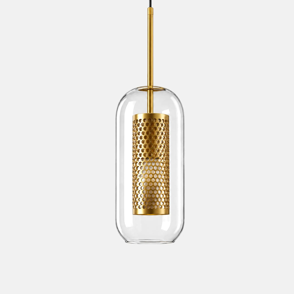 Lampe suspension en verre Doria dorée, capsule en verre et cylindre perforé doré, sur fond uni