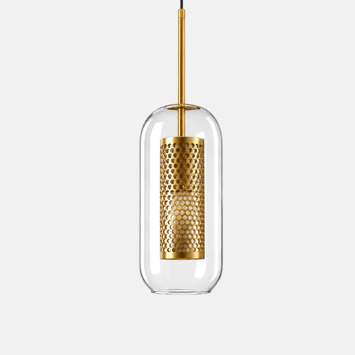 Lampe suspension en verre Doria dorée, capsule en verre et cylindre perforé doré, sur fond uni