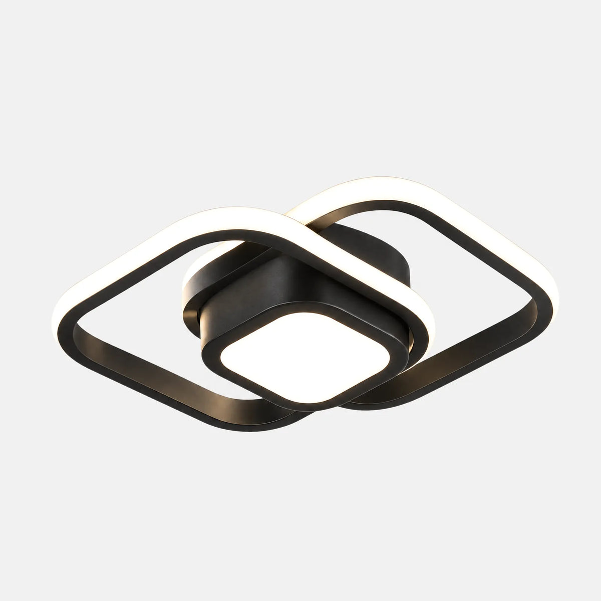 Plafonnier LED Sola noir à deux carrés entrelacés, sur fond uni