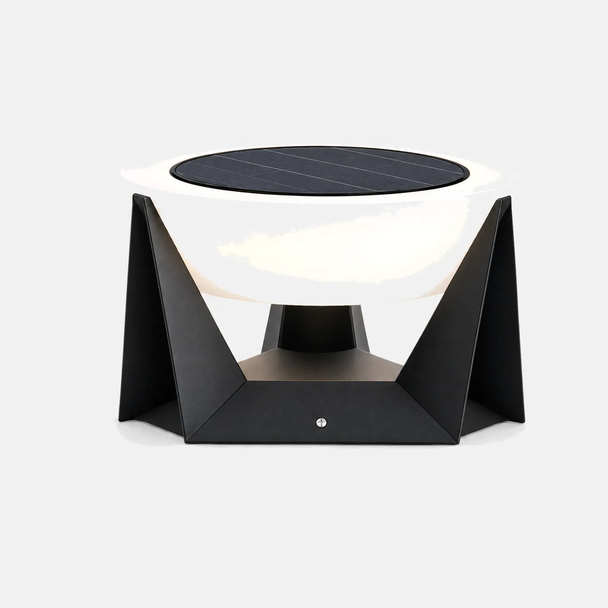 Lampe solaire extérieure Hyta, disque lumineux blanc sur socle géométrique noir, sur fond uni